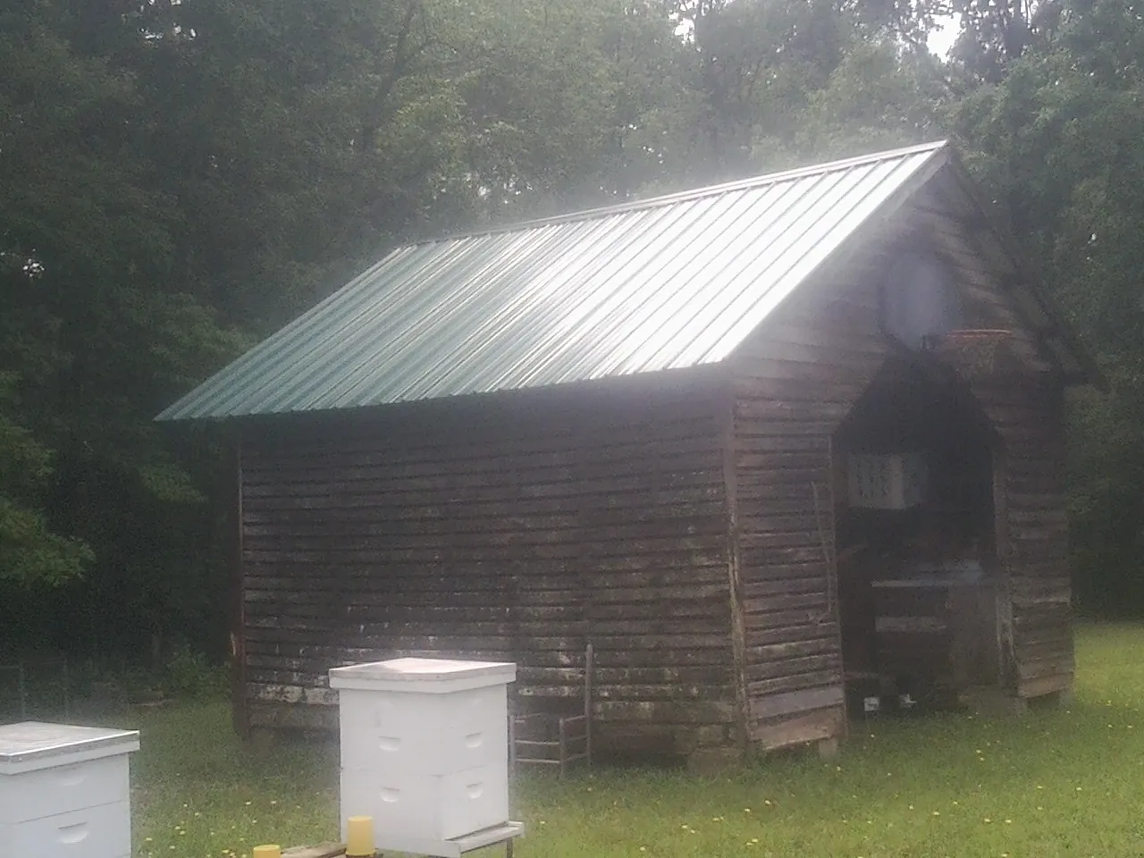 Green metal roof on a weathered barn beside stacked beehives in Falmouth